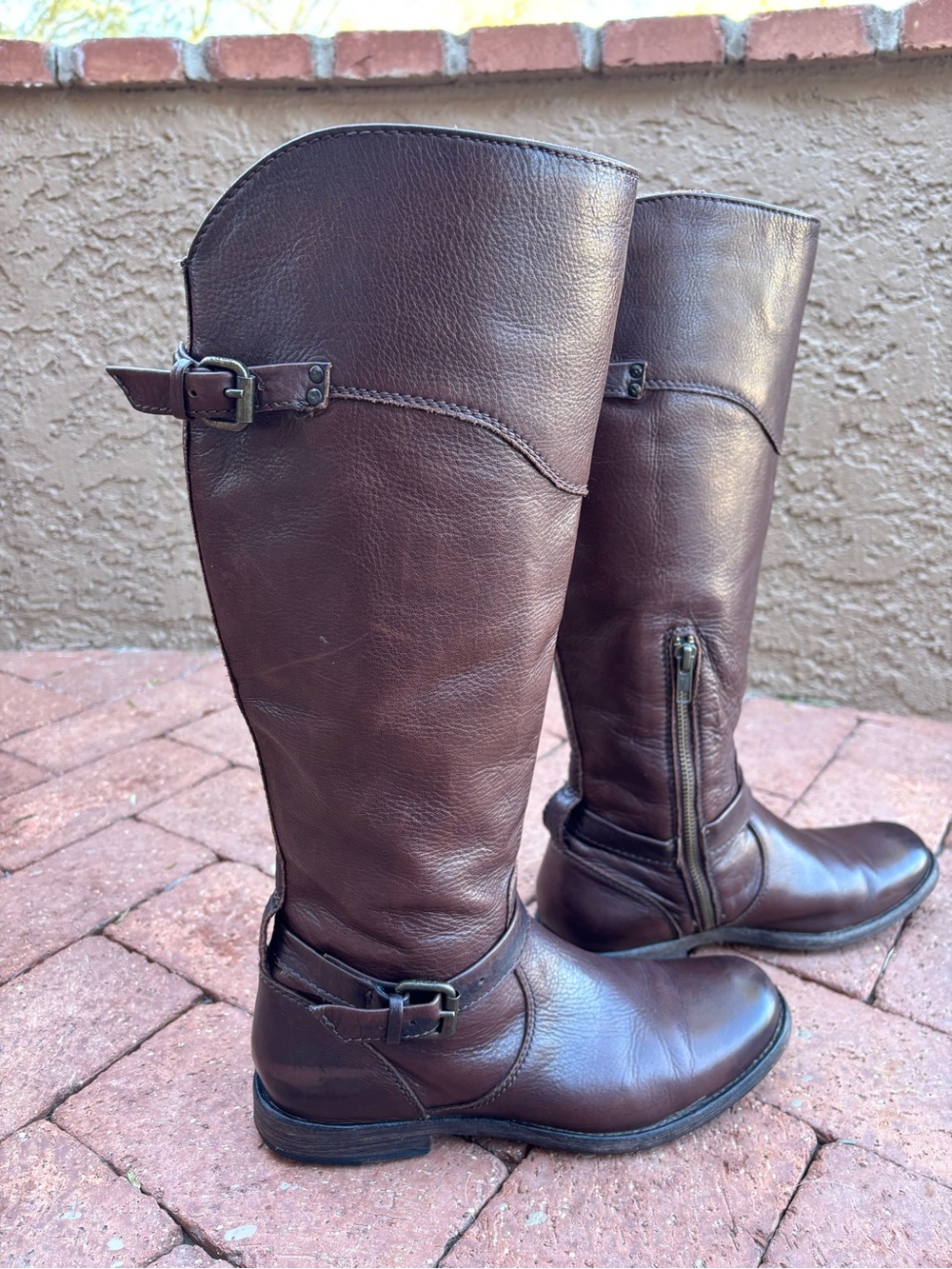 Frye Brown Leather Knee-High Buckle Riding Boots